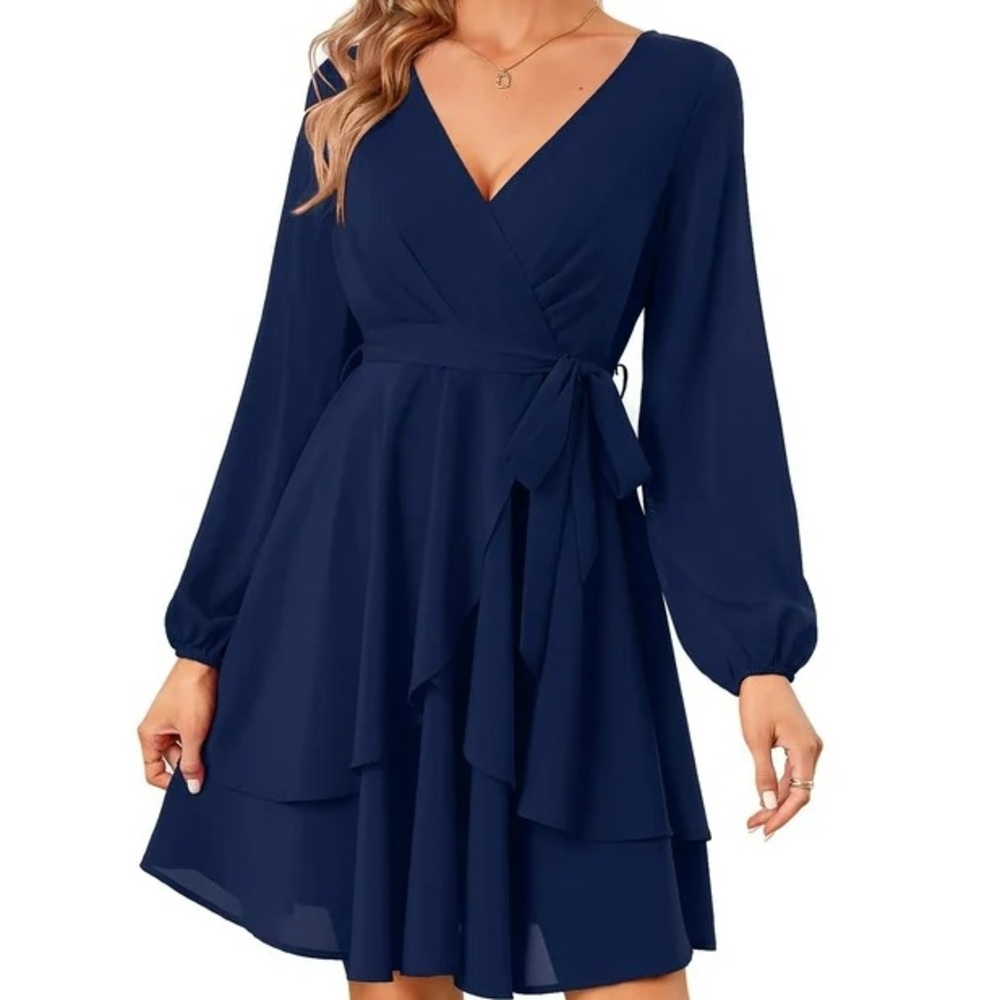 Women's Wrap V Neck Long Sleeve A Line Mini Short Dress